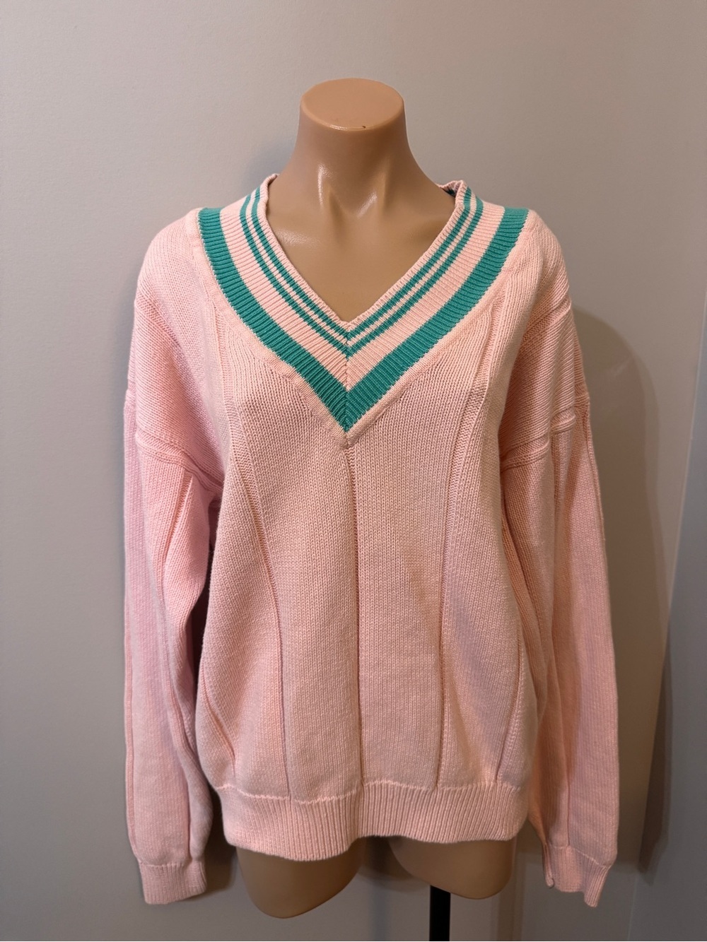 Izod Pink Green V Neck Cotton Knit Sweater XL Preppy